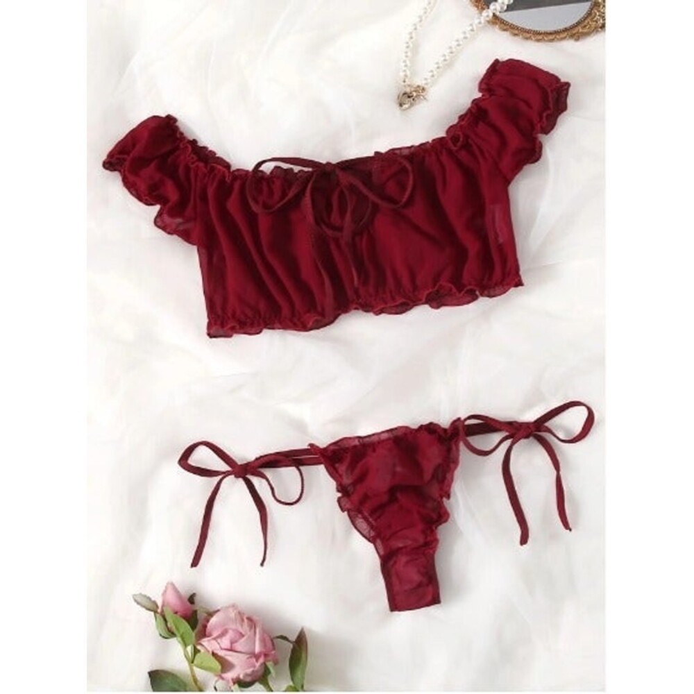 Size 10 (Large) Burgundy Frill Trim Chiffon Lingerie Set
